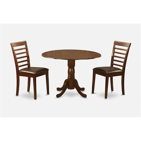East West Furniture 3PC Kitchen Round Table with 2 Drop Leaves and 2 Ladder-back Chairs with Faux Leather Seat in DLML3-MAH-LC